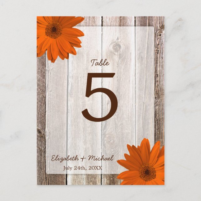 Orange Daisy Rustic Barn Wood Bröllop Bordsnummer (Framsida)