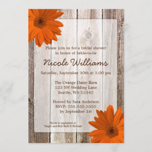 Orange Daisy Rustic Barn Wood Möhippa Inbjudningar
