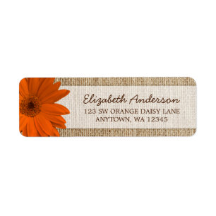 Orange Daisy Rustic Burlap Adress Returadress Etikett