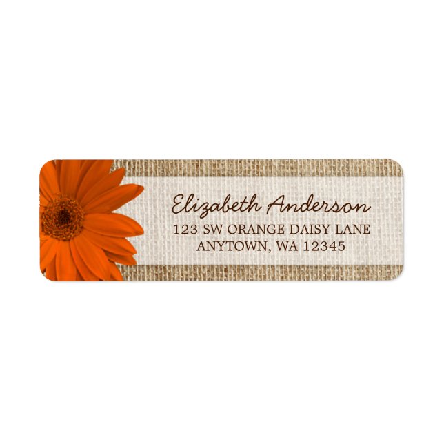 Orange Daisy Rustic Burlap Adress Returadress Etikett (Framsidan)