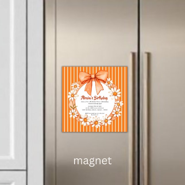 Orange Daisy Wreath Birthday Invitation Magnetic  Magnetisk Inbjudningskort (Skapare uppladdad)