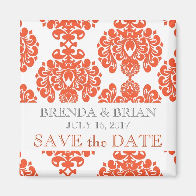 Orange Damask-bröllop Spara datum Magnet (Framsidan)