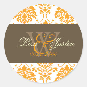 Orange Damask-bröllopsmärken i monogram Runt Klistermärke
