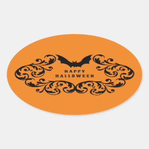 Orange Damask Glam Fladdermus och Spider Happy hal Ovalt Klistermärke