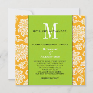 Orange Damask Grönt Monogram bröllopsinbjudan Inbjudningar