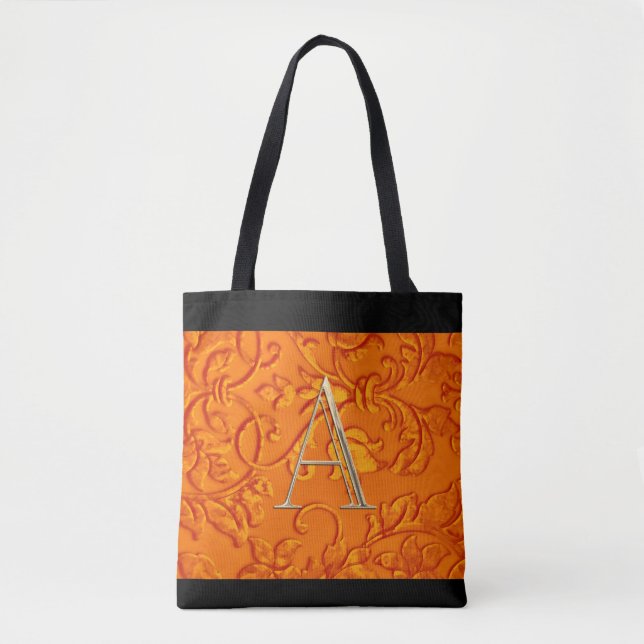 Orange Damask Guld Monogram Initial Tygkasse (Framsida)