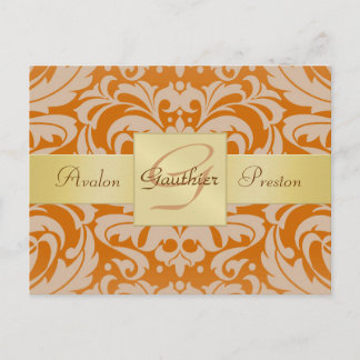 Orange Damask Guld Monogram Spara Datum Postkort Meddelande Vykort