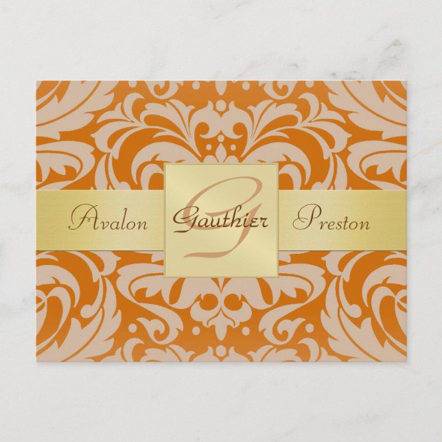 Orange Damask Guld Monogram Spara Datum Postkort Meddelande Vykort (Framsida)