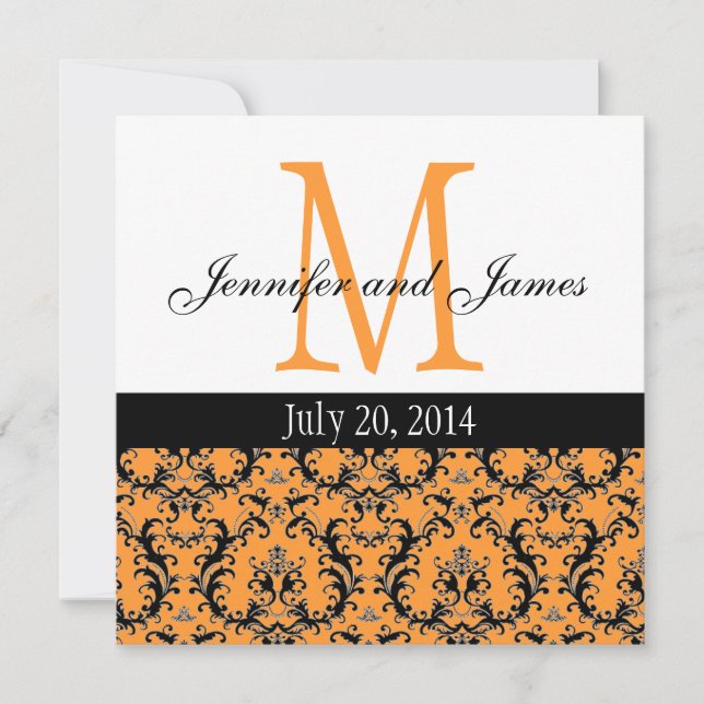 Orange Damask Monogram bröllopsinbjudan 3 Inbjudningar (Framsida)