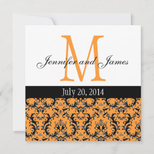 Orange Damask Monogram bröllopsinbjudan 3 Inbjudningar