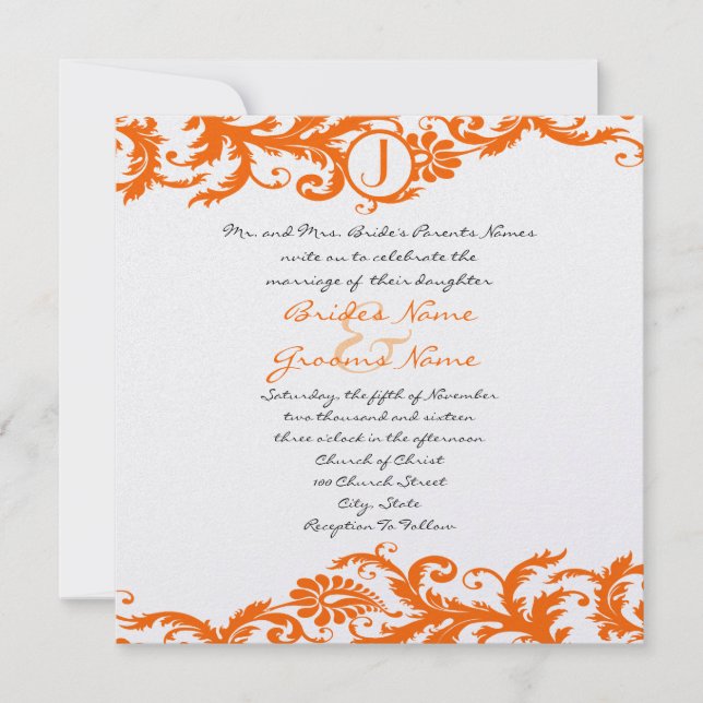 Orange Damask Monogram bröllopsinbjudan Inbjudningar (Framsida)