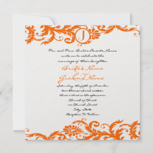 Orange Damask Monogram bröllopsinbjudan Inbjudningar
