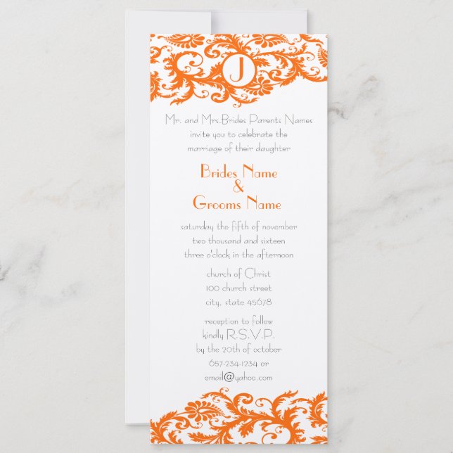 Orange Damask Monogram bröllopsinbjudan Inbjudningar (Framsida)