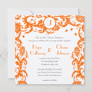 Orange Damask Monogram bröllopsinbjudan Inbjudningar