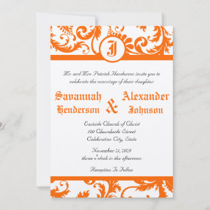Orange Damask Monogram Bröllopsinbjudan Inbjudningar