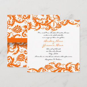 Orange Damask Monogram bröllopsinbjudan Inbjudningar