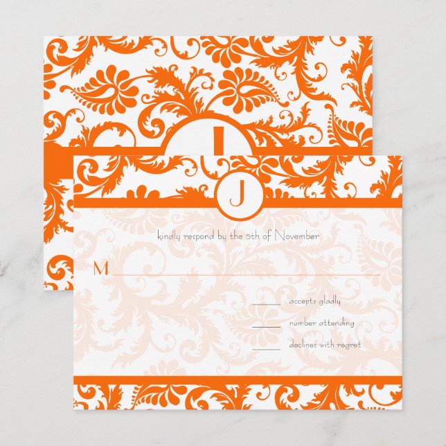 Orange Damask Monogram Bröllopsinbjudan Inbjudningar (Fram/baksida)