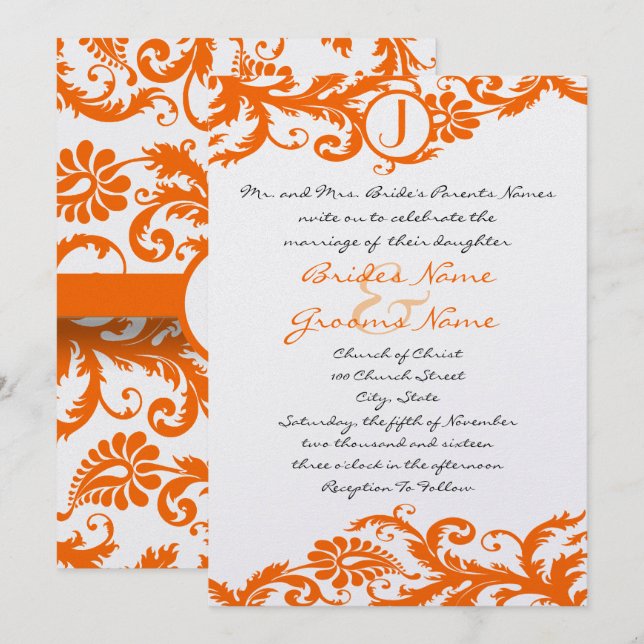 Orange Damask Monogram Bröllopsinbjudan Inbjudningar (Fram/baksida)