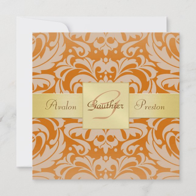Orange Damask Monogram Ribbon-inbjudan till Guld Inbjudningar (Framsida)