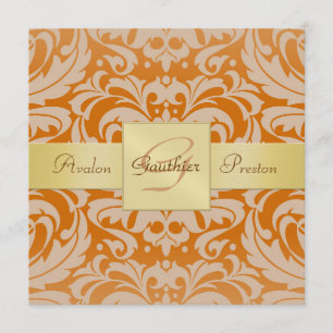 Orange Damask Monogram Ribbon-inbjudan till Guld Inbjudningar