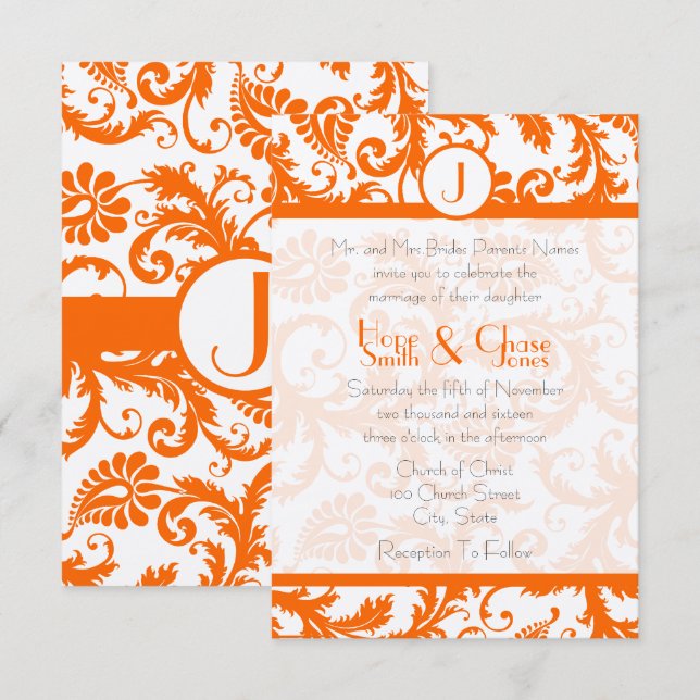 Orange Damask Monogram WeddingRSVP Inbjudningar (Fram/baksida)