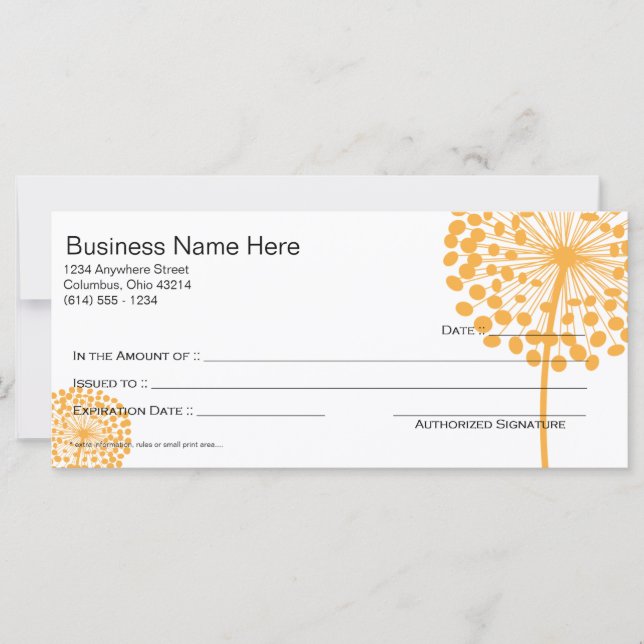 Orange Dandelion Flower Gift Certificate Design 2 (Framsida)