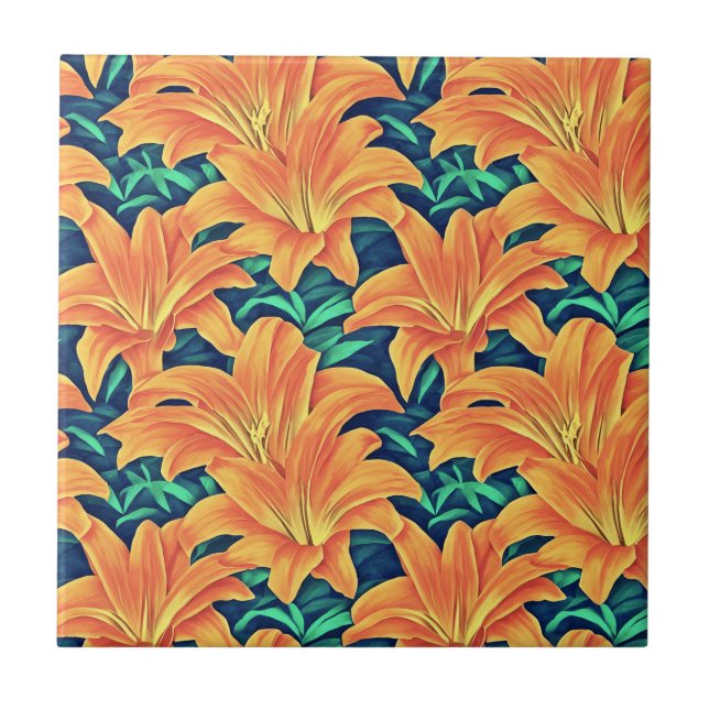 Orange Day Lilies med Grönt Löv Kakelplatta (Framsidan)