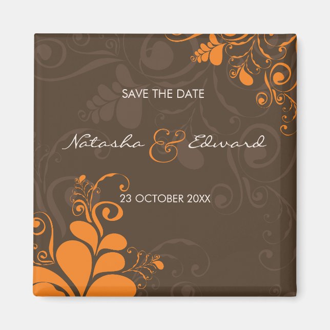 Orange deco-Löv och Blommigt-skrivar Spara datum Magnet (Framsidan)