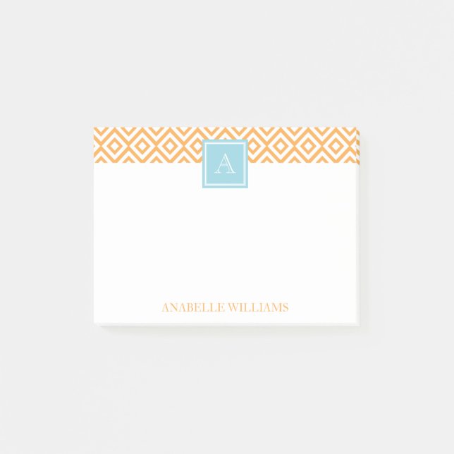 Orange Diamonds Mönster och Aqua Monogram Post-it Block (Framsida)