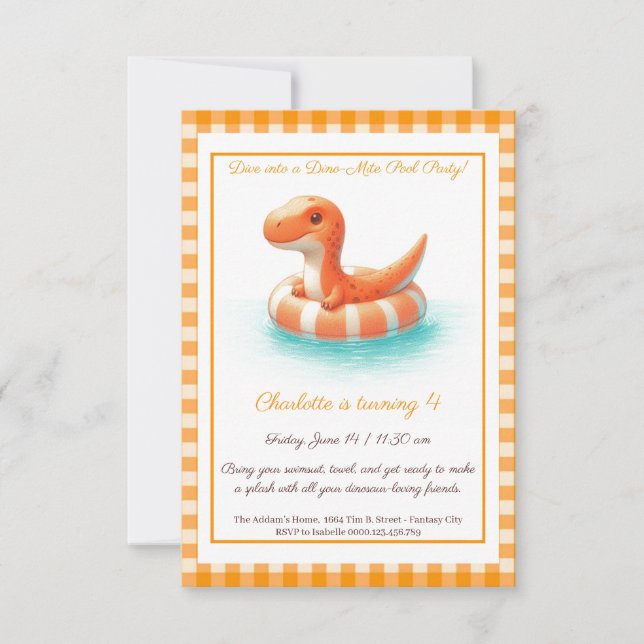 Orange Dino Bassäng Party - inbjudan på födelsedag (Framsida)