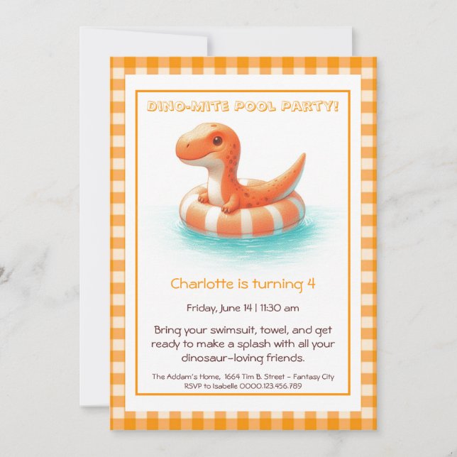 Orange Dino-Mite Birthday Bassäng-inbjudan Inbjudningar (Framsida)