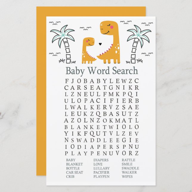 Orange Dinosaur Baby Shower Ord Search Game (Fram/baksida)