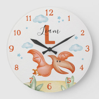 Orange Dinosaur Nursery Wall Clock Personalized Stor Klocka