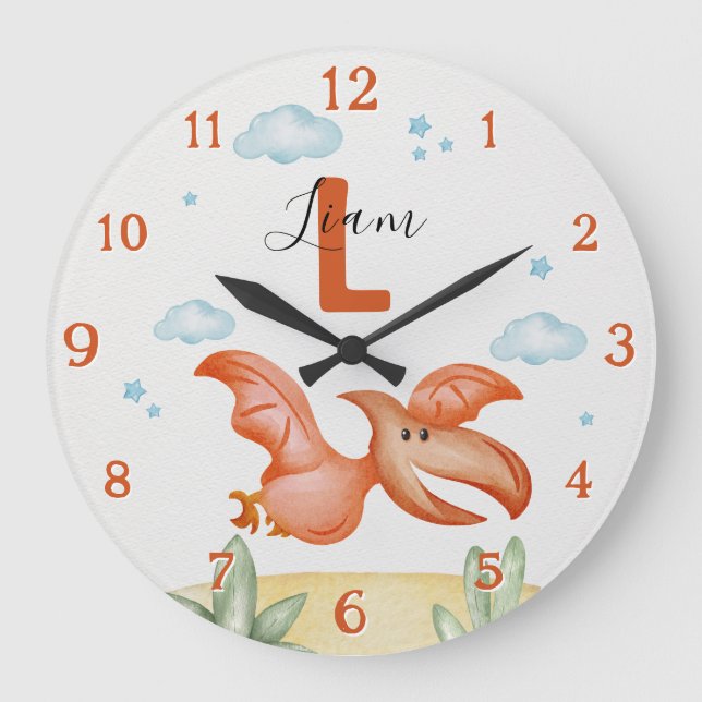 Orange Dinosaur Nursery Wall Clock Personalized Stor Klocka (Framsida)