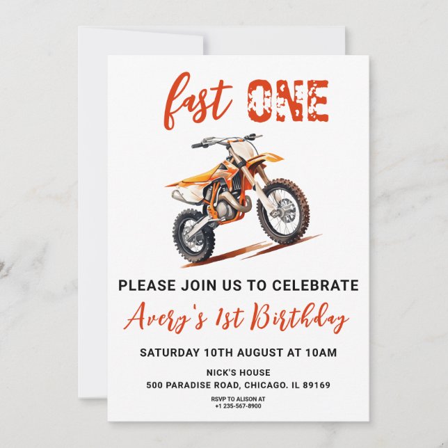 Orange Dirt Bike 1:a födelsedagsinbjudan Inbjudningar (Framsida)