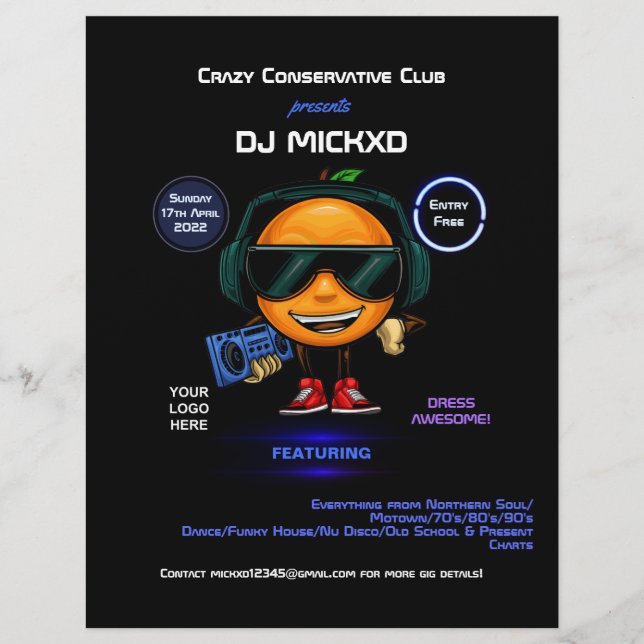 Orange DJ Musik och Dansgig Flyer (Framsidan)