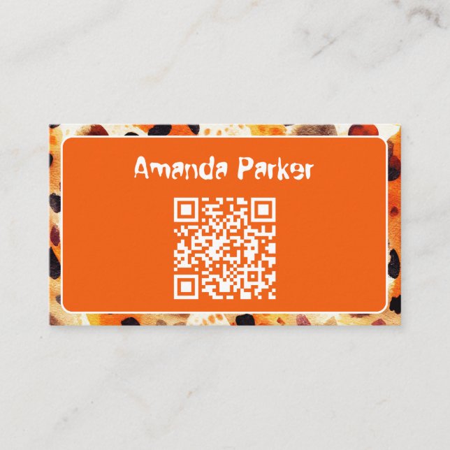 Orange djurtryck QR-kod visitkort (Framsida)