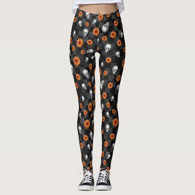 Orange Dödskallar och Solros Serie Design 11 Leggings (Framsida)