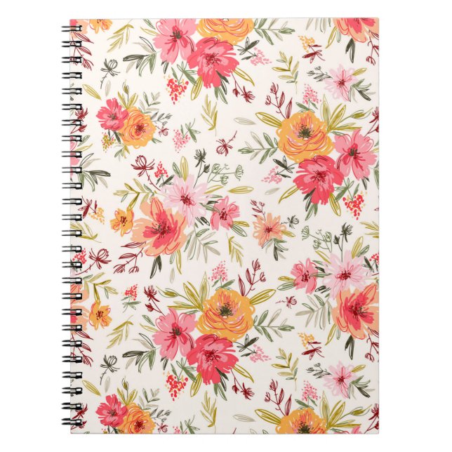 Orange Doodle Trädgårdsblomma Mönster Anteckningsbok (Framsidan)