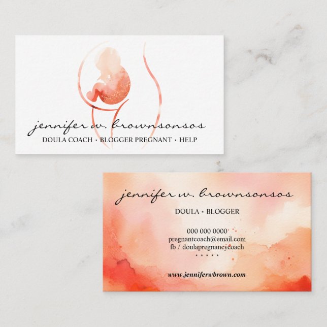 Orange Doula Förlossning Akvarell Gravid Nyfödd Visitkort (Fram/baksida)