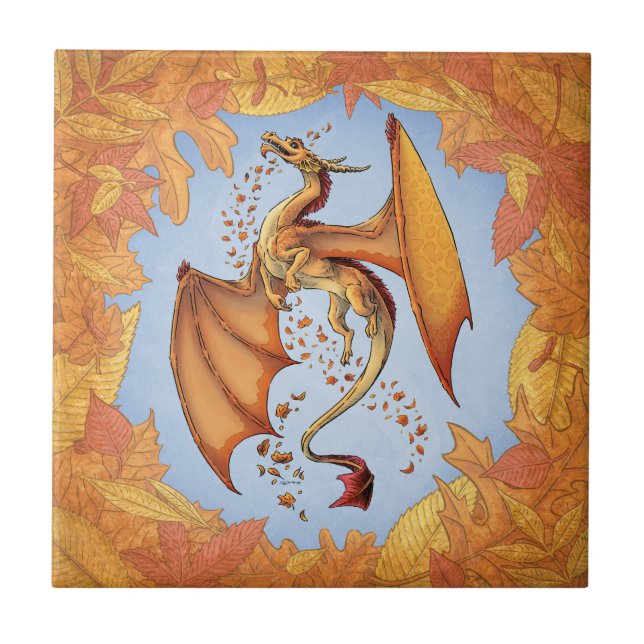 Orange Dragon of Autumn Nature Fantasy Art Kakelplatta (Framsidan)