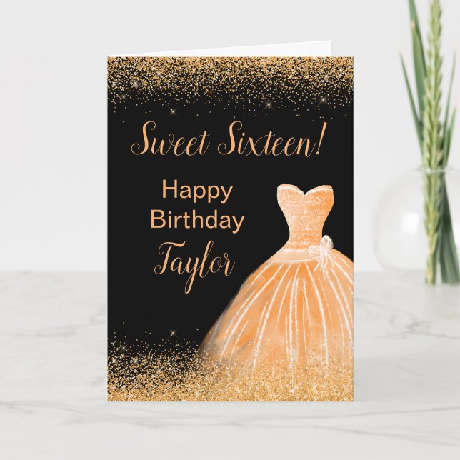 Orange Dress Faux Glitter Sweet 16 Birthday Kort (Framsida)