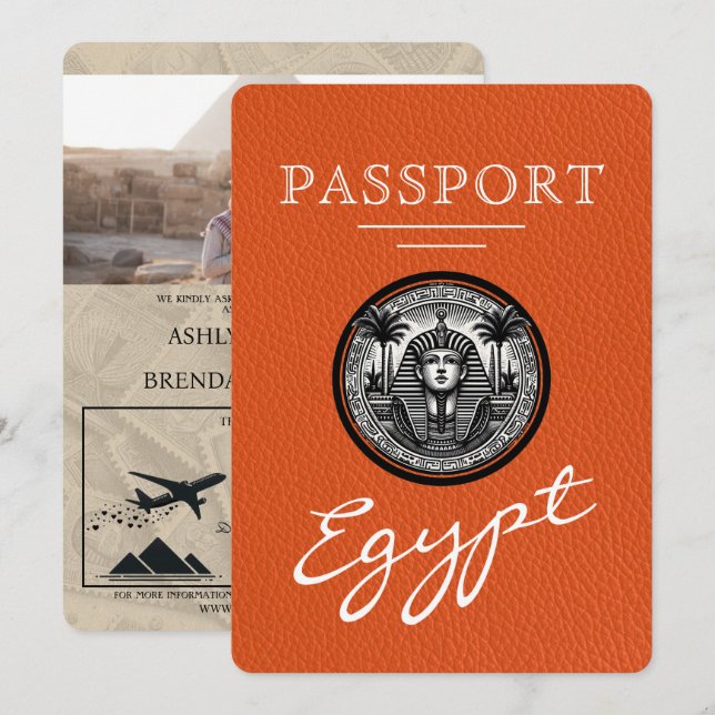 Orange Egypt Passport Wedding Invitation Inbjudningar (Fram/baksida)