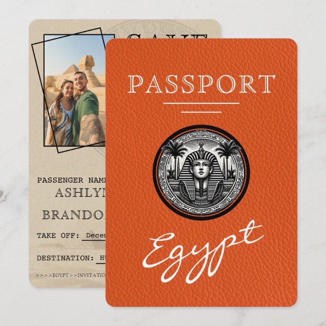 Orange Egypt Passport Wedding Save the Date Spara Datumet (Fram/baksida)