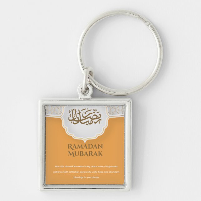 Orange Eid Mubarak  Fyrkantig Silverfärgad Nyckelring (Framsidan)
