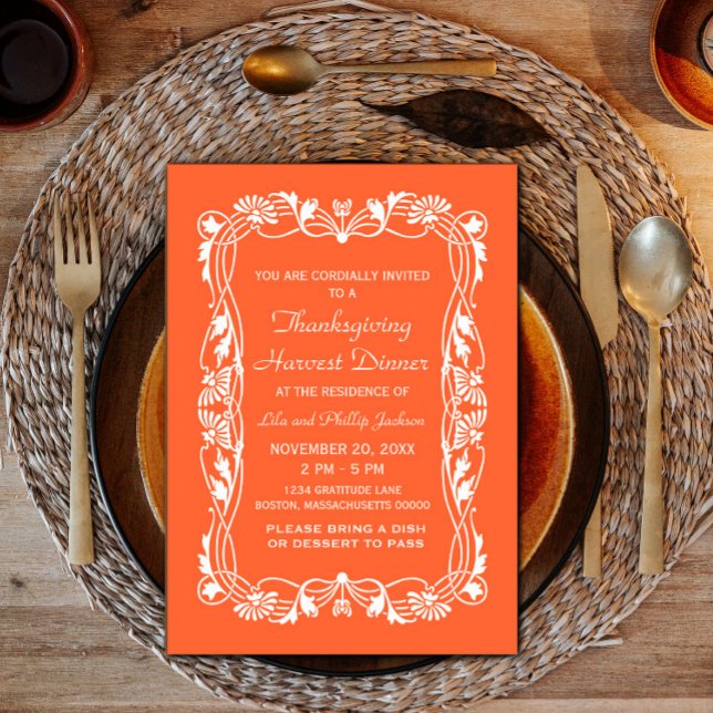 Orange Elegant Gräns Thanksgiving Inbjudan (Orange Elegant Border Thanksgiving Invite)