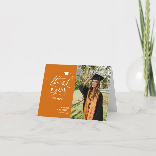 Orange Elegant Script Photo Minimalist Studenten Tack Kort (Framsida)