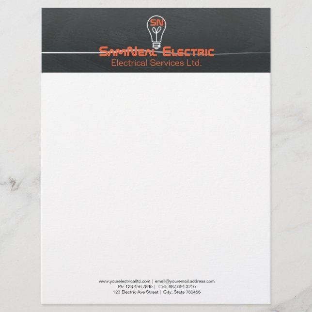Orange elektriker - logotyplightbulbdesign brevhuvud (Framsida)