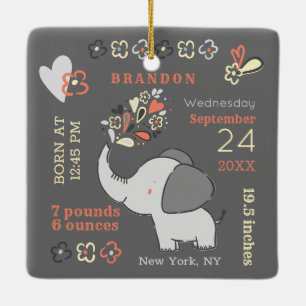Orange Elephant Birth Stats Baby Första jul Julgransprydnad Keramik