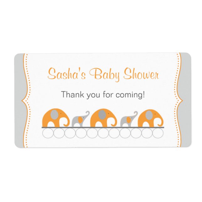 Orange Elephants Baby Shower-Vattenflaska Fraktsedel (Framsidan)